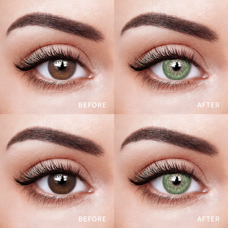 The before and after comparison of wearing Fiesta Green Contact Lenses.